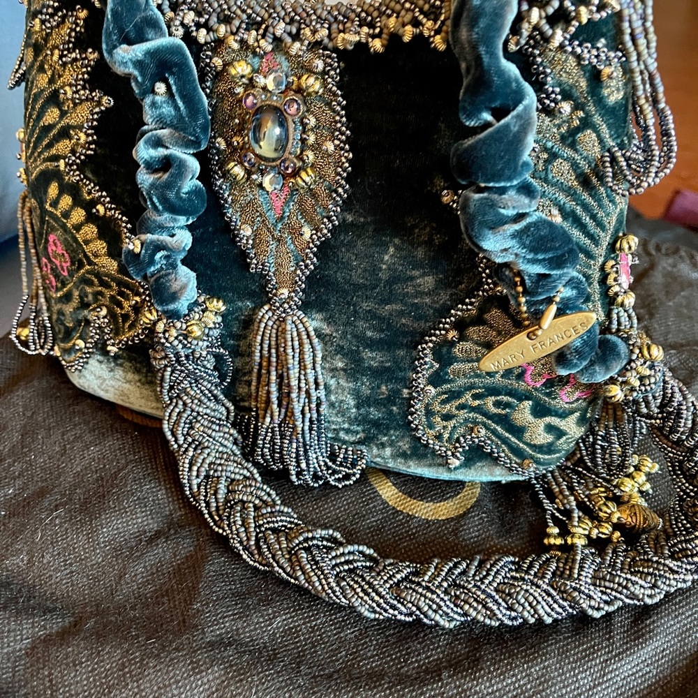 Authentic Mary Frances NWOT deep teal velvet shoulder bag with beaded decoration